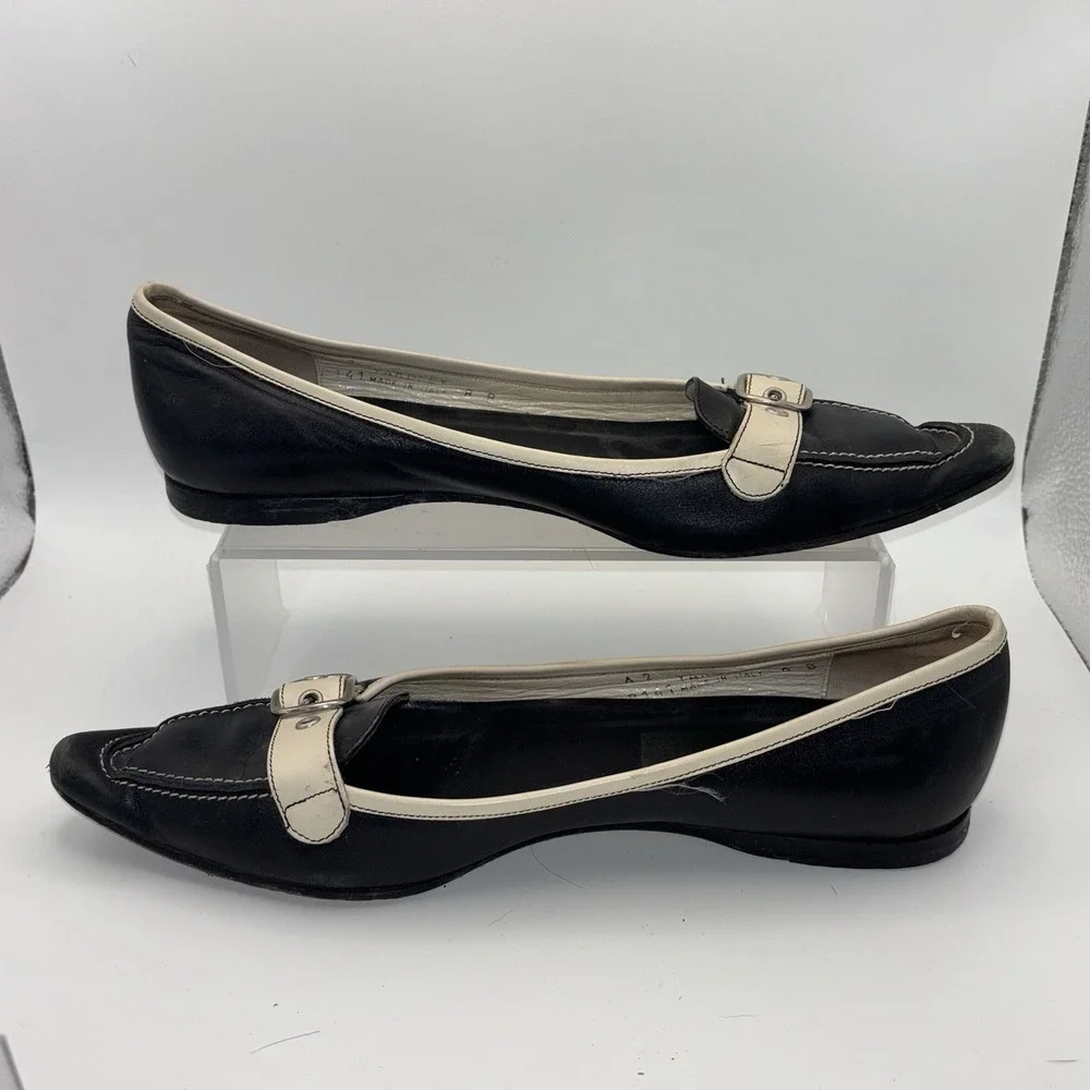 Vintage Coach Black Leather Buckle Loafers White Trim‎ Flats Size 8 B Italy
